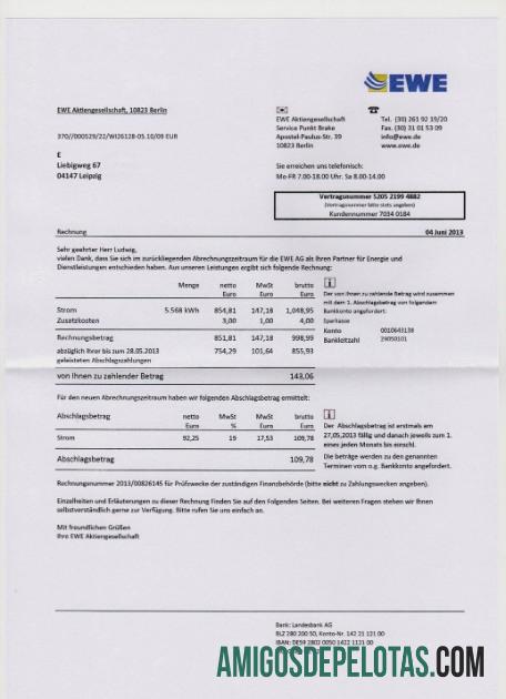 Conta de serviços públicos EWE da Alemanha em formato PSD amostra